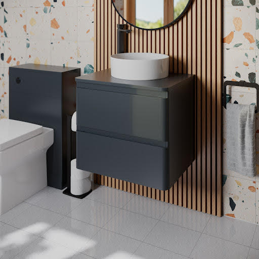 Regis Forma Anthracite Grey Wall Hung Vanity Unit & Affine Lyon White Countertop Basin 600mm