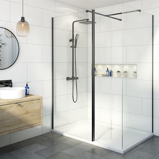 Diamond Walk In Shower Screens with 1400 x 700mm Tray & Hinged Return Panel - 8mm Black