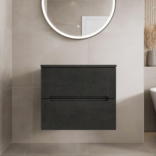 Vitusso Fluted Black Wall Hung Bathroom Vanity Unit without Basin 600mm - Black Top