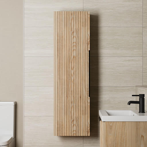 Artis Fluted Wood Wall Hung Tall Bathroom Storage Cabinet with Black Handles - 1200 x 350mm