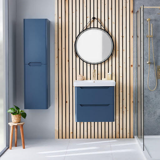 Scudo Ella Blue Wall Hung Tall Bathroom Storage Cabinet 1400mm x 350mm