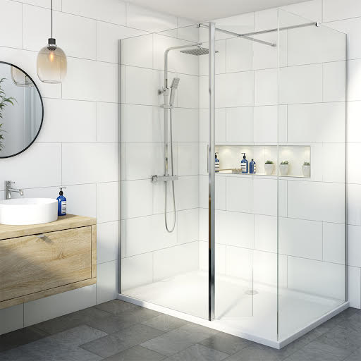 Diamond Walk In Shower Screens with 1400 x 800mm Non Slip Tray & Hinged Return Panel - 8mm Chrome