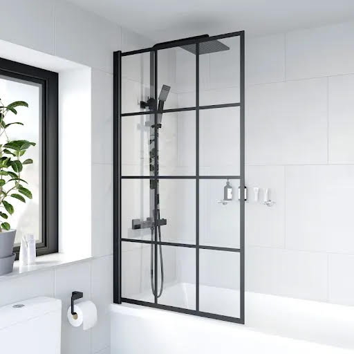 Luxura Square Crittall Bath Shower Screen 800mm - 6mm Matt Black