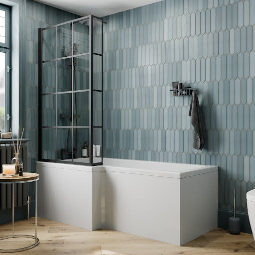 Ceramica L Bath Bundle 1700mm Left Hand - Including Black Grid Shower Screen and Front & End Panels