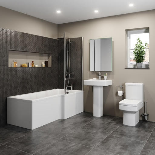 Affine Royan Bathroom Suite with 1600mm RH L Shape Bath, Close Coupled Toilet, Basin & Screen
