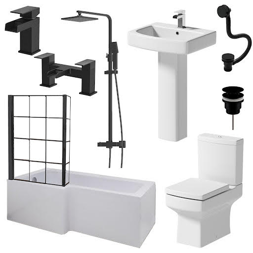 Affine Royan Black Bathroom Suite with 1700mm LH Bath, Toilet, Basin, Taps, Shower, Screen & Waste