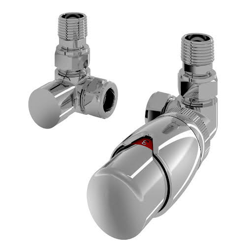 Solaro 15mm Designer Thermostatic Corner Radiator Valve & Lockshield - Chrome