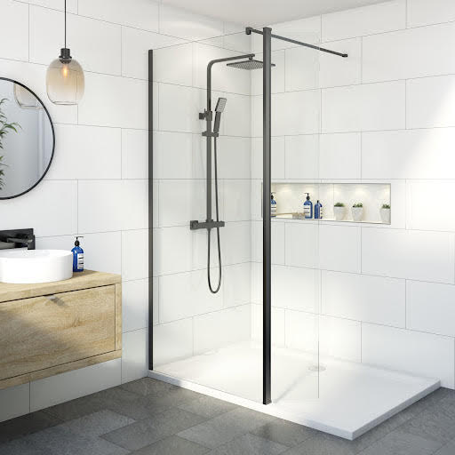Diamond Walk In Shower Screen with 1400 x 700mm Tray & Hinged Return Panel - 8mm Black