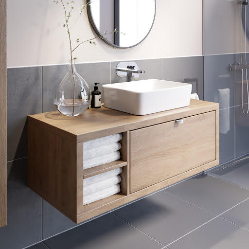Vitusso Garda Wood Wall Hung Countertop Vanity Unit with Croix White Basin - 1100mm - LH Shelves