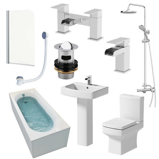 Affine Royan Bathroom Suite with 1500mm Bath, Toilet, Basin, Taps, Shower, Screen & Waste
