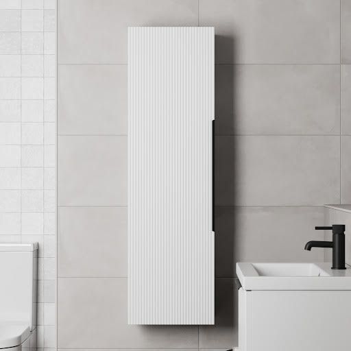 Artis Fluted White Wall Hung Tall Bathroom Storage Cabinet with Black Handles - 1200 x 350mm