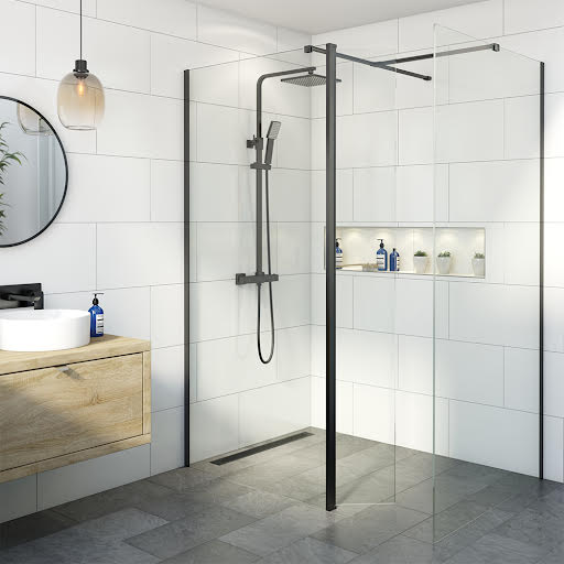 Diamond Wet Room Shower Screens with 700 & 900mm Panels & Hinged Return Panel - 8mm Black