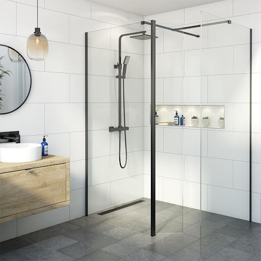 Diamond Wet Room Shower Screens with 900 & 700mm Panels & Hinged Return Panel - 8mm Black