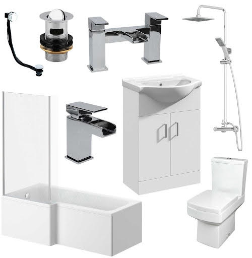 L Shape Bathroom Suite LH Toilet Vanity Unit Tap Waste Shower & Screen