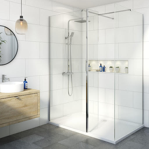 Diamond Walk In Shower Screens with 1400 x 900mm  Tray & Fixed Return Panel - 8mm Chrome