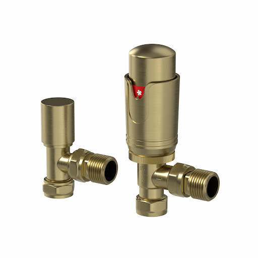 DuraTherm Angled Brushed Brass Thermostatic Radiator Valve Pack - 15mm