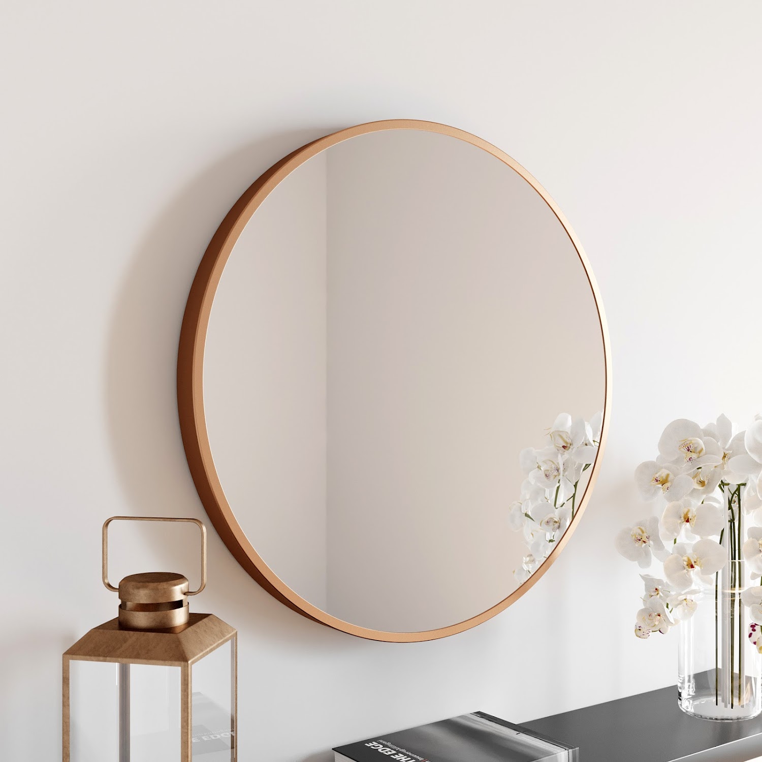 Modern Round Glass Mirror 60cm Brushed Brass Frame Wall Mounted