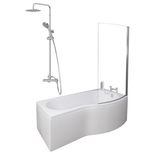 Ceramica P Shaped 1700x900mm Shower Bath, Chrome Shower, Bath Screen & Panel RH