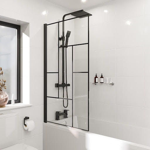 Luxura Square Abstract Grid Bath Shower Screen 800mm Matt Black - 6mm