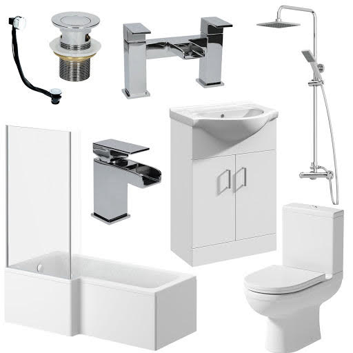 Milan L Shape Bathroom Suite Left 1700mm - Vanity Unit, Taps, Waste, Shower and Screen