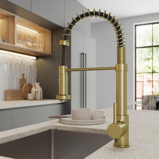 Sauber Carena Flexible Pull Out Kitchen Tap - Single Lever Brushed Brass