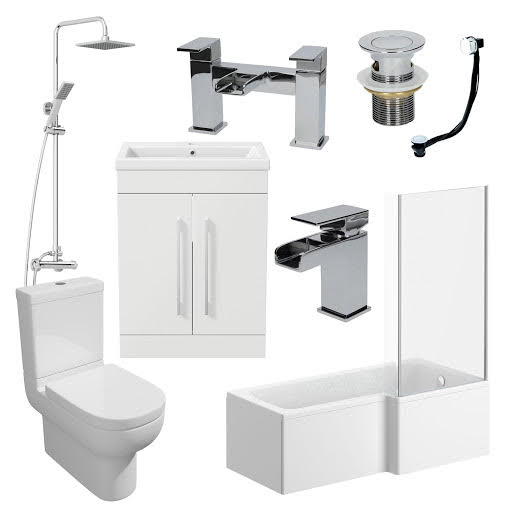 Oceane Complete Bathroom Suite with L Shape Shower Bath & Aurora Vanity Unit - Right Hand 1700mm