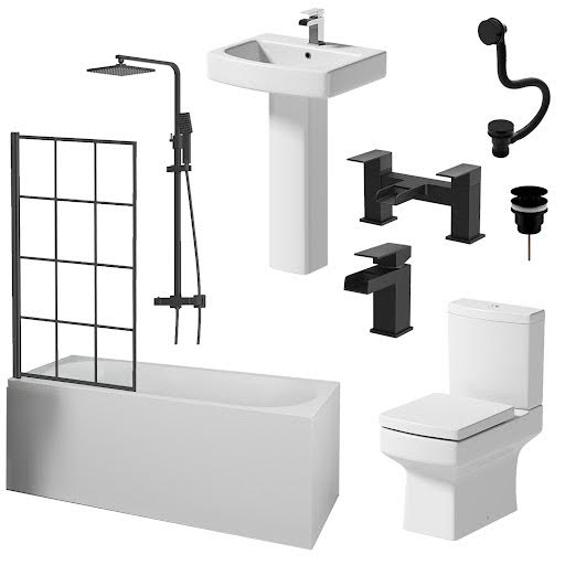 Affine Royan Black Bathroom Suite with Single Ended Shower Bath 1600 & Full Pedestal Basin
