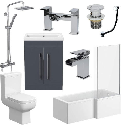 Amelie Bathroom Suite with L Shape Bath, Taps, Shower, Screen & Aurora Vanity Unit Right Hand 1600mm