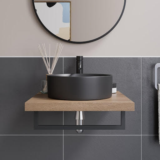 Vitusso Garda Wood Wall Hung Countertop Shelf & Lyon Black Basin - 500mm