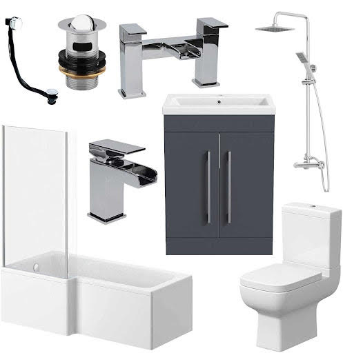 Amelie Bathroom Suite with L Shape Bath, Taps, Shower, Screen & Grey Vanity Unit 1700mm