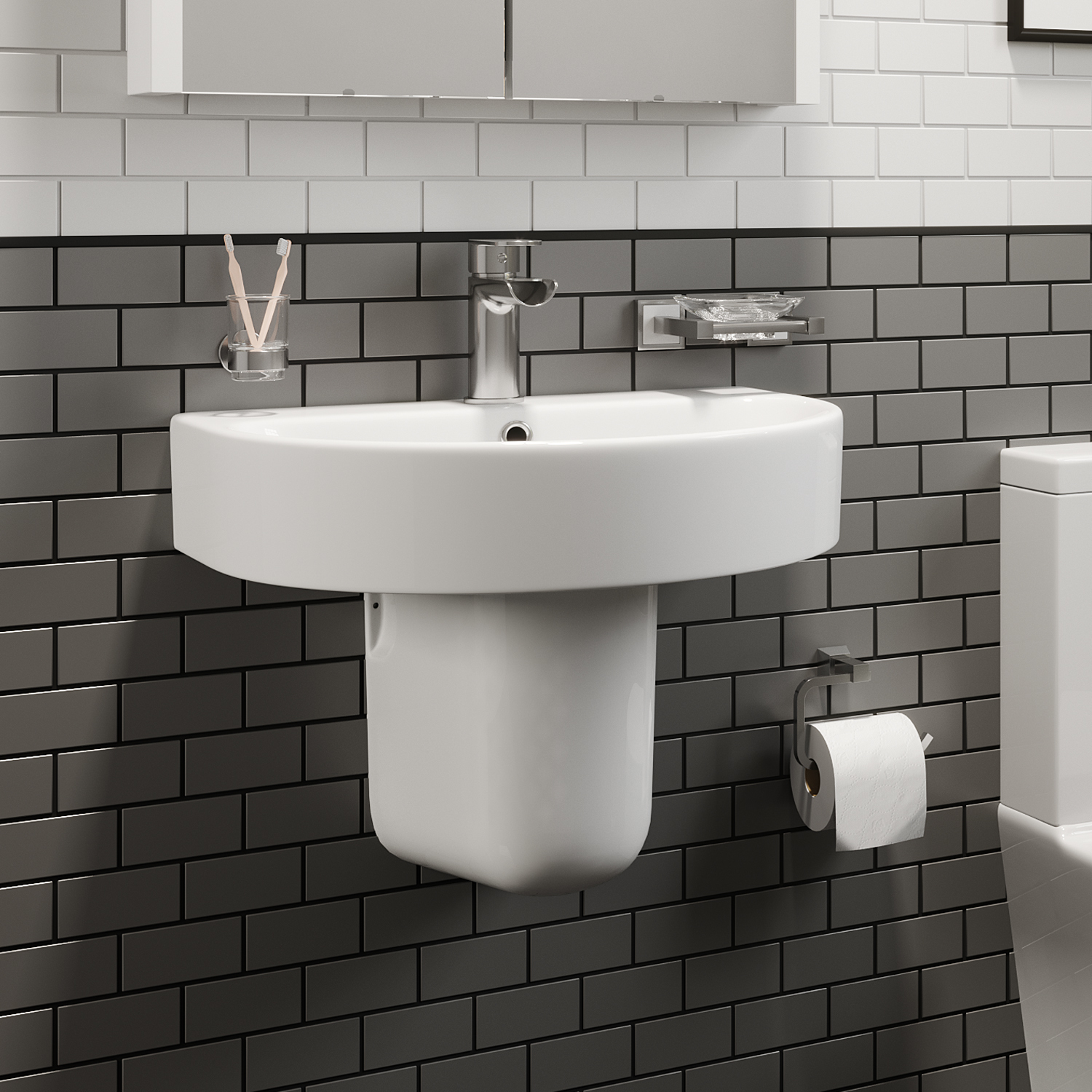 Modern Bathroom Basin Sink Semi Pedestal Set Wall Mounted Single Tap Hole 560mm eBay