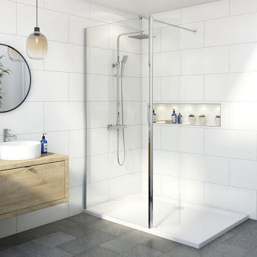 Diamond Walk-In Shower Screen 800mm with Hinged Return Panel and Tray 1400 x 700mm - 8mm Chrome