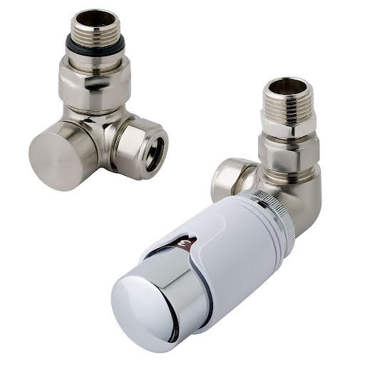 Solaro 15mm Thermostatic Corner Radiator Valve & Lockshield - Satin Nickel