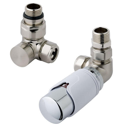 Solaro 15mm Thermostatic Corner Radiator Valve & Lockshield - Satin Nickel