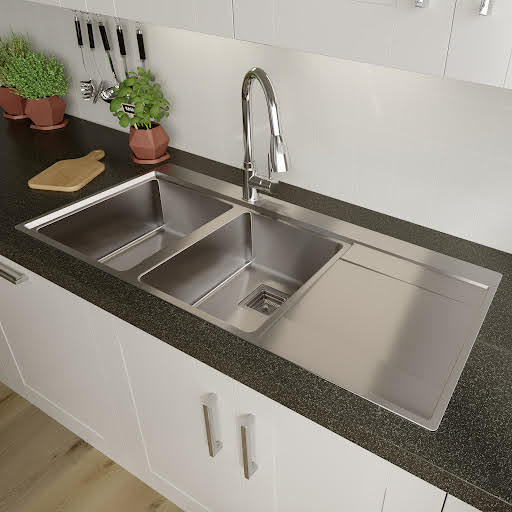 Sauber 2 Bowl Square Inset Stainless Steel Kitchen Sink - Right Hand Drainer