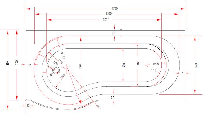 Vitura P Shape Whirlpool Bath with 8 Jets - 1700 x 850mm Right Hand