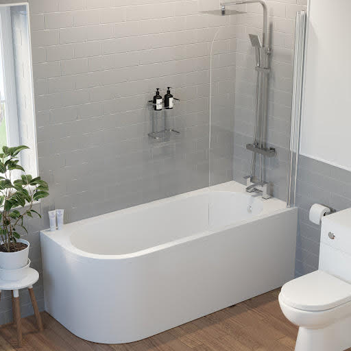 Ceramica J Shaped 1700mm Shower Bath & Curved Shower Screen Single Ended RH