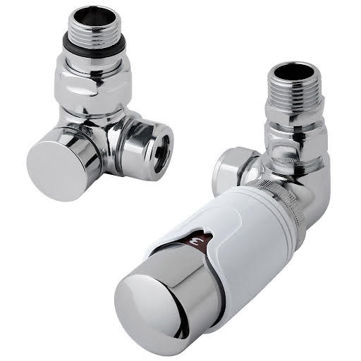 Solaro 15mm Thermostatic Corner Radiator Valve & Lockshield - Chrome & White