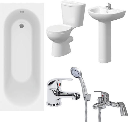 Essentials Bathroom Suite with 1600mm Single Ended Bath, Close Coupled Toilet, Basin & Taps