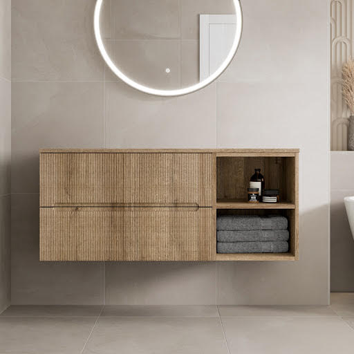 Vitusso Fluted Wood Wall Hung Bathroom Vanity Unit without Basin 1200mm - Oak Top