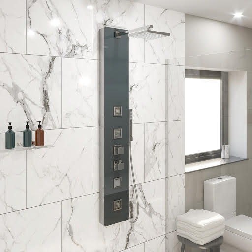 Merano Thermostatic Shower Tower Panel with Handset and 4 Body Jets - Grey Glass Finish