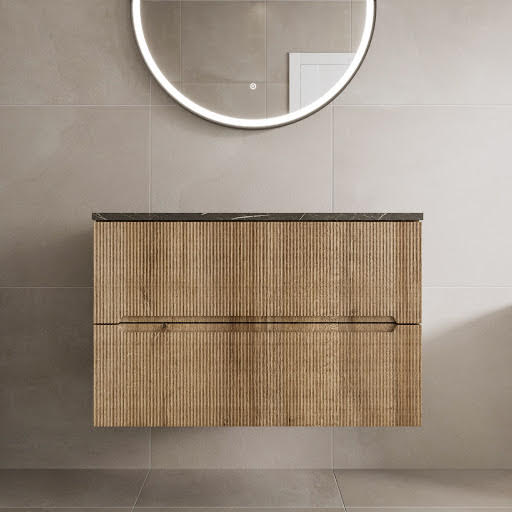 Vitusso Fluted Wood Wall Hung Bathroom Vanity Unit without Basin 800mm - Grey Marble Top