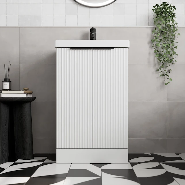 Artis Fluted White Freestanding Bathroom Vanity Unit with Basin & Black ...