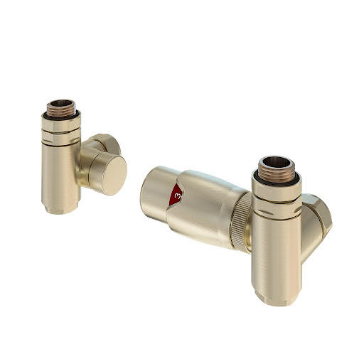 Solaro 15mm Dual Fuel Thermostatic Corner Radiator Valve & Lockshield - Brushed Brass