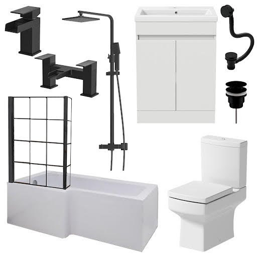 Affine Royan Black Bathroom Suite with 1700mm LH Bath, Toilet, Vanity, Taps, Shower, Screen & Waste