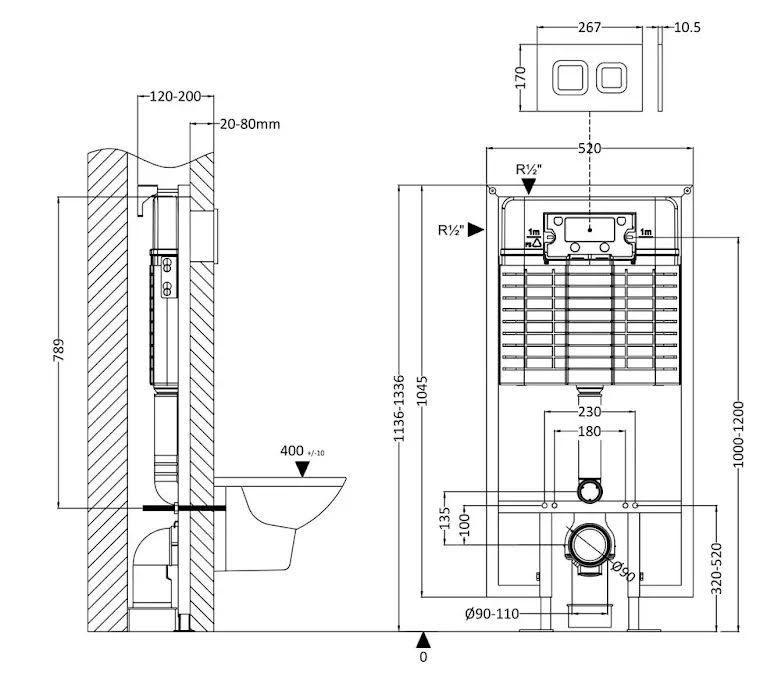 Ceramica Concealed Cistern and Frame - Square Buttons 520 x 1336mm