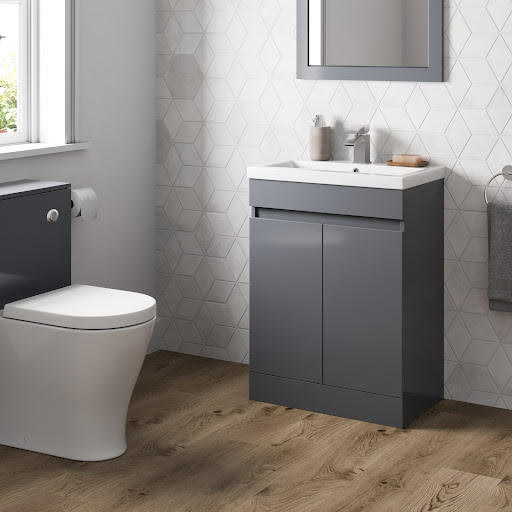 Artis Centro Grey Gloss Freestanding Vanity Unit with Basin - 600mm - Doors