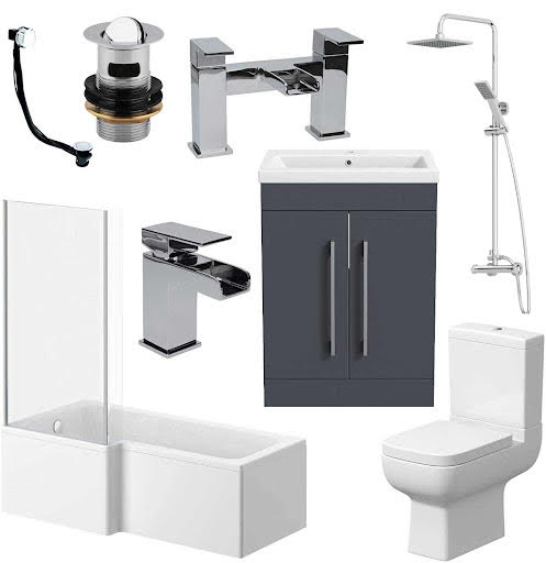 Amelie Bathroom Suite with L Shape Bath, Taps, Shower, Screen & Aurora Vanity Unit Left Hand 1600mm