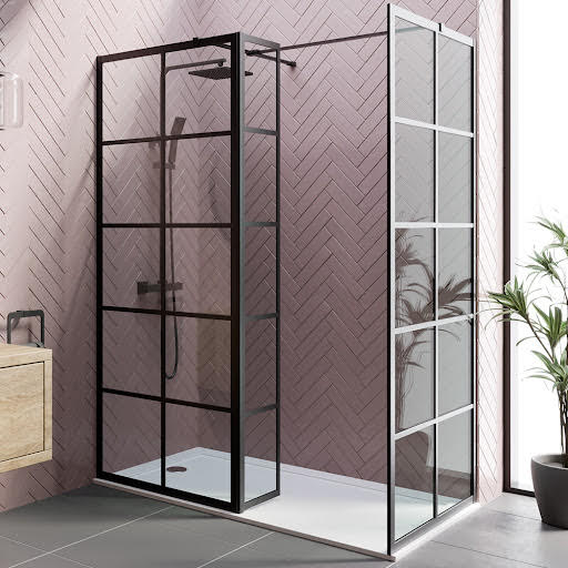 Diamond Crittall Wet Room Shower Screens with 800 & 800mm Panels & Fixed Return Panel - 8mm Black