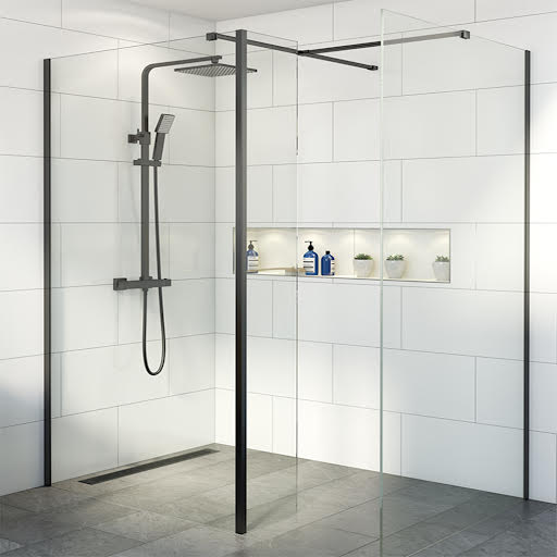 Diamond Wet Room Shower Screens with 900 & 800mm Panels & Fixed Return Panel - 8mm Black